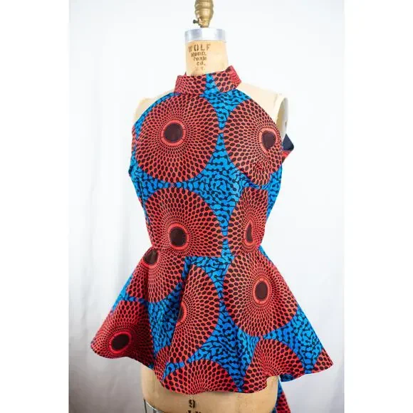 Colorful Boutique African Print Dress, High Low Skirt Fit and Flare Ankara, XL - Picture 4 of 9